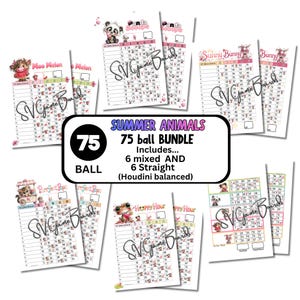 May include: A collection of bingo game boards with summer animal designs. The boards display animal illustrations and the text "Summer Animals 75 ball bundle". Each board is numbered for gameplay.