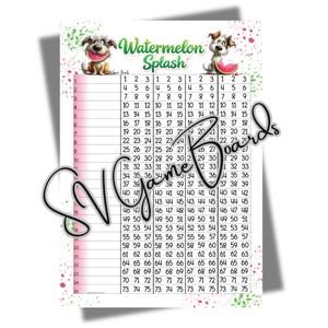 May include: A colorful game board titled "Watermelon Splash" with a grid of numbers and cartoon dogs. The board has a pink and green watercolor splash design.