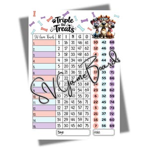 May include: A colourful bingo game board with the text "Triple the Treats" and dog-themed graphics. The board features numbered squares and sections for "Bingo" and "Holds".