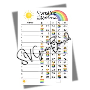 Bingo "Sol e arco-íris" (misto, direto, em branco) de 1 a 15 linhas (75 bolas)