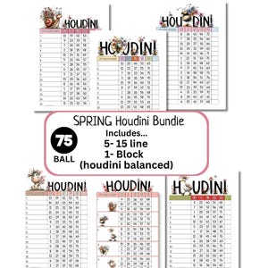 Peut inclure: Lot de Bingo Houdini de printemps avec 75 boules, 5-15 lignes et 1 bloc. Les cartes présentent des illustrations florales et fantaisistes. Chaque carte a un ensemble unique de numéros. Idéal pour les soirées de jeux et les événements printaniers.