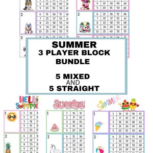 May include: A collection of summer-themed bingo cards featuring images like dogs, flamingos, and beach scenes. The text reads "Summer 3 Player Block Bundle". Each card has numbers for play.