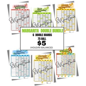 May include: A bundle of six margarita-themed bingo boards, each with a different fruit theme: watermelon, lime, mango, blue, pineapple, and classic margarita. The boards are white with colorful accents and the text "Margarita Double Bundle" is displayed.