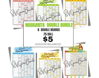 Pacote de bingo duplo Margarita com 75 bolas, 15 linhas e 6 números mistos.