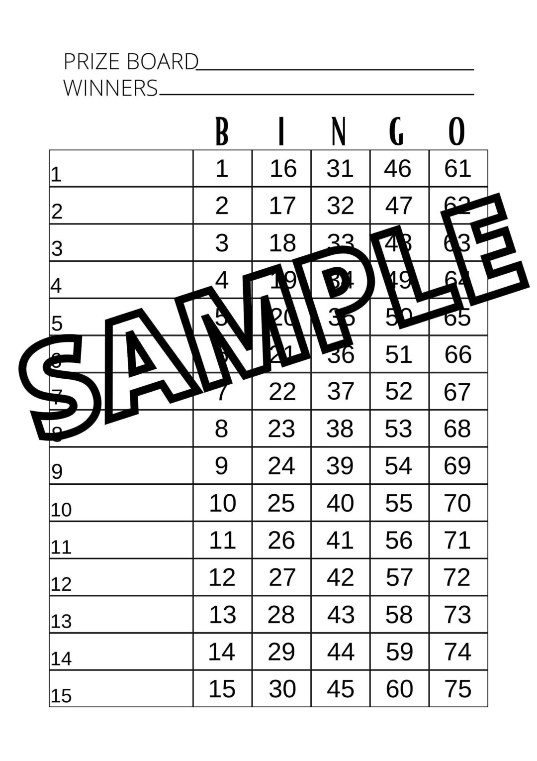 Basic Bingo Prize Board straight,mixed,blank 115 Line 75 Ball Etsy