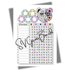 May include: A printed bingo game board with a floral bear graphic that says "Mama Bear". The board has a grid with numbers and the letters B-I-N-G-O at the top. The words "SV Game Boards" are printed on the board.