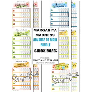 May include: A selection of colourful margarita-themed bingo cards. The text on the cards reads "Margarita Madness Advance to Main Bundle" and "6-Block Boards." The cards feature various margarita flavours.