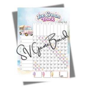 May include: A colorful game board with an ice cream truck illustration and the text "Ice Cream Truck." The board features numbered squares, ice cream cone graphics, and space for game play. The background has a watercolor effect.