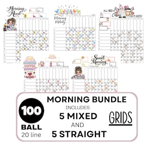 Peut inclure: Un ensemble de suivi numérique comprenant cinq grilles imprimables distinctes avec des thèmes comme Morning Mood, Morning Melody, All I Need Is Coffee And My Gnomies, Sunrise Coffee Sunset Wine et Sweet Morning, incluant 100 balles et 20 lignes.