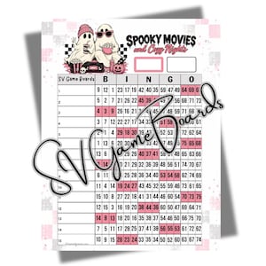 Peut inclure: Une feuille de jeu de bingo imprimable intitulée Spooky Movies and Cozy Nights avec deux illustrations de fantômes, un fond à damier et une grille numérotée. Certaines cases sont surlignées en rose et le texte SV Game Boards est superposé.