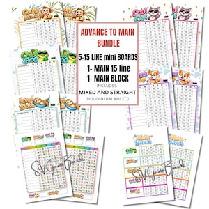 Peut inclure: Plusieurs cartons de jeu de bingo colorés avec des illustrations d'animaux, comme des singes et des chats. Les cartons affichent des numéros et le texte "ADVANCE TO MAIN BUNDLE" et "5-15 LINE mini BOARDS".