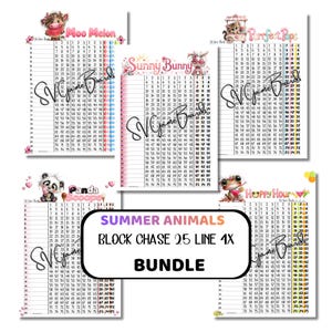 May include: A collection of animal-themed game boards, such as "Moo Melon" and "Sunny Bunny," with a grid for number games. The boards are labelled "Summer Animals Block Chase 25 Line 4x Bundle." Each board has a different animal theme.