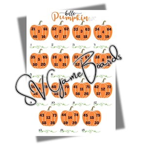 May include: A digital game board sheet featuring the text Hello Pumpkin at the top. The design includes fifteen orange pumpkin illustrations arranged in rows, each containing a central number and four surrounding numbers in black font.