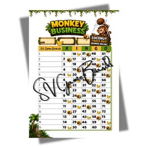 May include: A bingo game board titled "Monkey Business" with a cartoon monkey and the text "Coconut Takes Out Number Below!". The board features numbers, bananas, and coconuts.