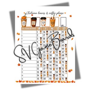 Peut inclure: Un jeu de bingo sur le thème de l'automne avec le texte Autumn leaves & coffee please en haut. La grille comprend des lignes et des colonnes numérotées avec de petites illustrations de tasses de café et des feuilles d'érable éparpillées.