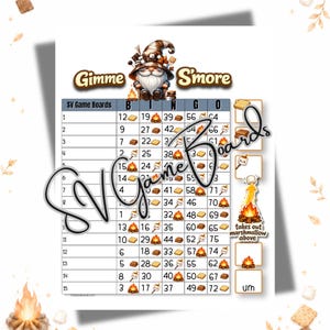 May include: A printable bingo game sheet titled Gimme S'more featuring a gnome illustration, a grid with numbers and s'more-themed icons, and a column on the right with a campfire graphic and the text takes out marshmallow above.