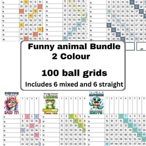 Może przedstawiać: Zestaw kolorowych arkuszy aktywności z tekstem "Funny animal Bundle 2 Colour 100 ball grids Includes 6 mixed and 6 straight". Arkusze zawierają zwierzęta z kreskówek i siatki liczbowe.