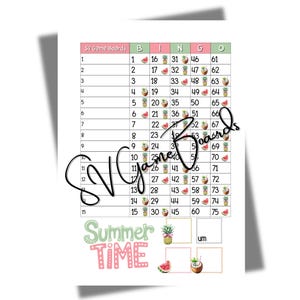 May include: A summer-themed bingo game board printed on white paper. The board includes a grid with numbers and illustrations of summer fruits. The words "SV Game Boards" and "Summer Time" are also visible.
