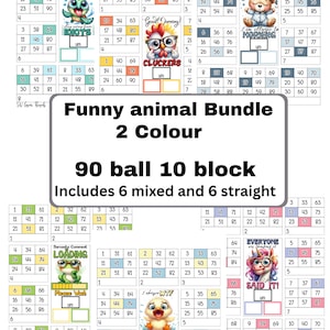 May include: A bundle of bingo cards with cartoon animal graphics and phrases like "Good Morning!" and "I found the key to HAPPINESS." The cards are for a 90-ball game with 10 blocks.