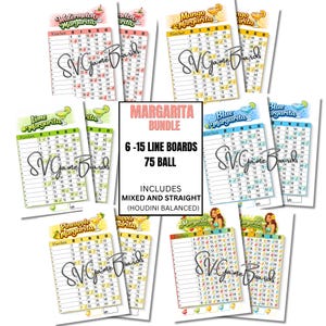Puede incluir: Un conjunto de tarjetas de bingo con temática de margarita. Las tarjetas presentan varios sabores de margarita como sandía, lima y mango. La tarjeta central dice "Margarita Bundle" con detalles del juego.
