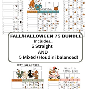 May include: A digital bundle of Halloween-themed bingo game cards featuring illustrations of ghosts, pumpkins, and chickens. The text includes "HANGIN' WITH MY BOOS," "CHICK OR TREAT," "TOO TIRED," "LET'S GO GHOULS," and "TAKE ME TO THE PUMPKIN PATCH."
