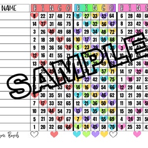 May include: A printable bingo card with a colourful rainbow design. The card has 15 spaces with numbers from 1 to 75. The card is labelled "BINGO" at the top. The card is designed for a game of bingo.