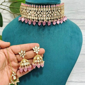 Kundan Bridal Choker Set: Jhumka Earrings & Maangtikka, Indian Jewelry