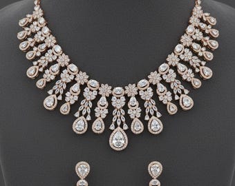 American Diamond Necklace with Earrings & maangtikka  Set , Party wear And Anniversary Gift jewelry