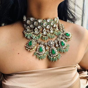 Premium Full Bridal Moissanite Kundan Choker & Long Necklace Set | Indian Wedding Jewelry with Earrings, Maangtikka | Polki Style Dulhan Set