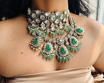 Moissanite Kundan Bridal Jewelry Set: Polki Choker Necklace, Earrings, Maangtikka