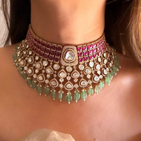 CZ Kundan Choker Necklace Set: Indian Bridal Jewelry with Earrings