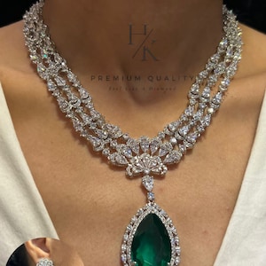American Diamond Necklace and Earrings Set: Rhodium Plated Wedding Jewelry