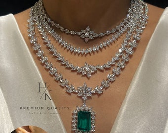 Conjunto de collar y pendientes de diamantes americanos en capas, joyería nupcial india, gargantilla de boda, collar llamativo, boda del sur de Asia