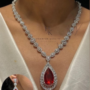 American Diamond Pendant and Earrings Set: Rhodium Plated Wedding Jewelry