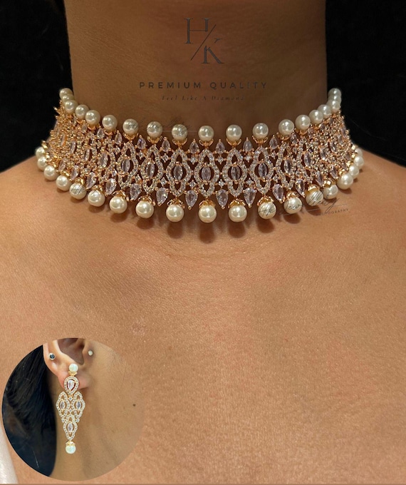American Diamond Choker With Real Pearls and Earrings: Luxury