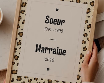 Affiche Cadeau marraine - Affiche personnalisée idéal baptême ou annonce grossesse marraine - Affiche graou léopard - Demande marraine