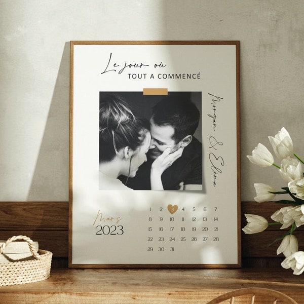 Calendrier date de rencontre, date importante. Affiche couple personnalisée avec photo, prénoms et date de rencontre. Cadeau couple original