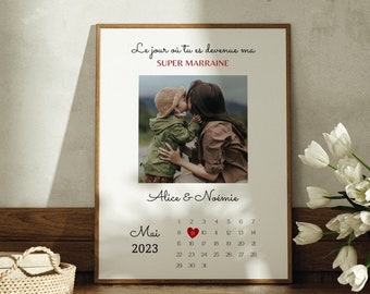 Affiche cadeau marraine. Poster marraine personnalisé avec photo et date de naissance ou de bapteùme. Cadre parrain marraine.