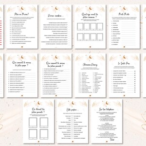 May include: A collection of printable baby shower games on white paper with gold accents. Each sheet features a different game with fill-in-the-blank questions and multiple-choice options. The games include titles like "Papa ou Maman?" and "Chansons Disney."