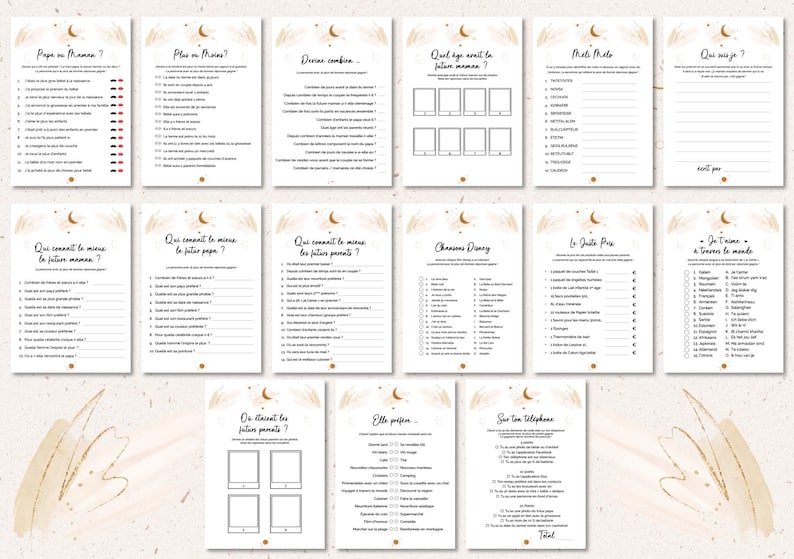 May include: A collection of printable baby shower games on white paper with gold accents. Each sheet features a different game with fill-in-the-blank questions and multiple-choice options. The games include titles like "Papa ou Maman?" and "Chansons Disney."