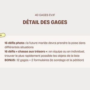 40 Gages, challenge et défis d'enterrement de vie de jeune fille à télécharger Gages EVJF en français, à imprimer Défis pour la mariée image 3