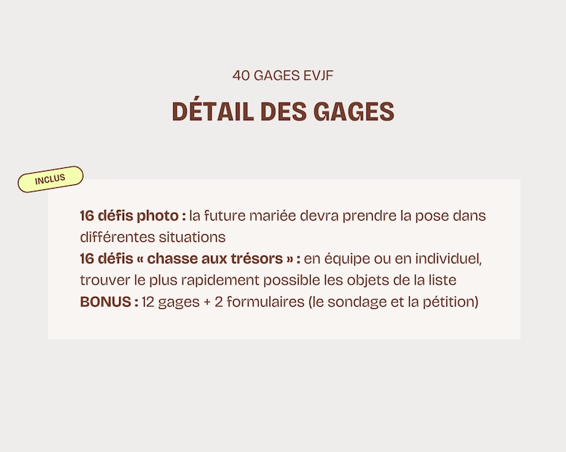 40 Gages, challenge et défis d'enterrement de vie de jeune fille à télécharger Gages EVJF en français, à imprimer Défis pour la mariée image 3