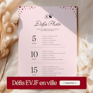 Défis photos et jeux EVJF imprimable - Thème cœurs - Activités originales en groupe, enterrement vie jeune fille à télécharger, en français
