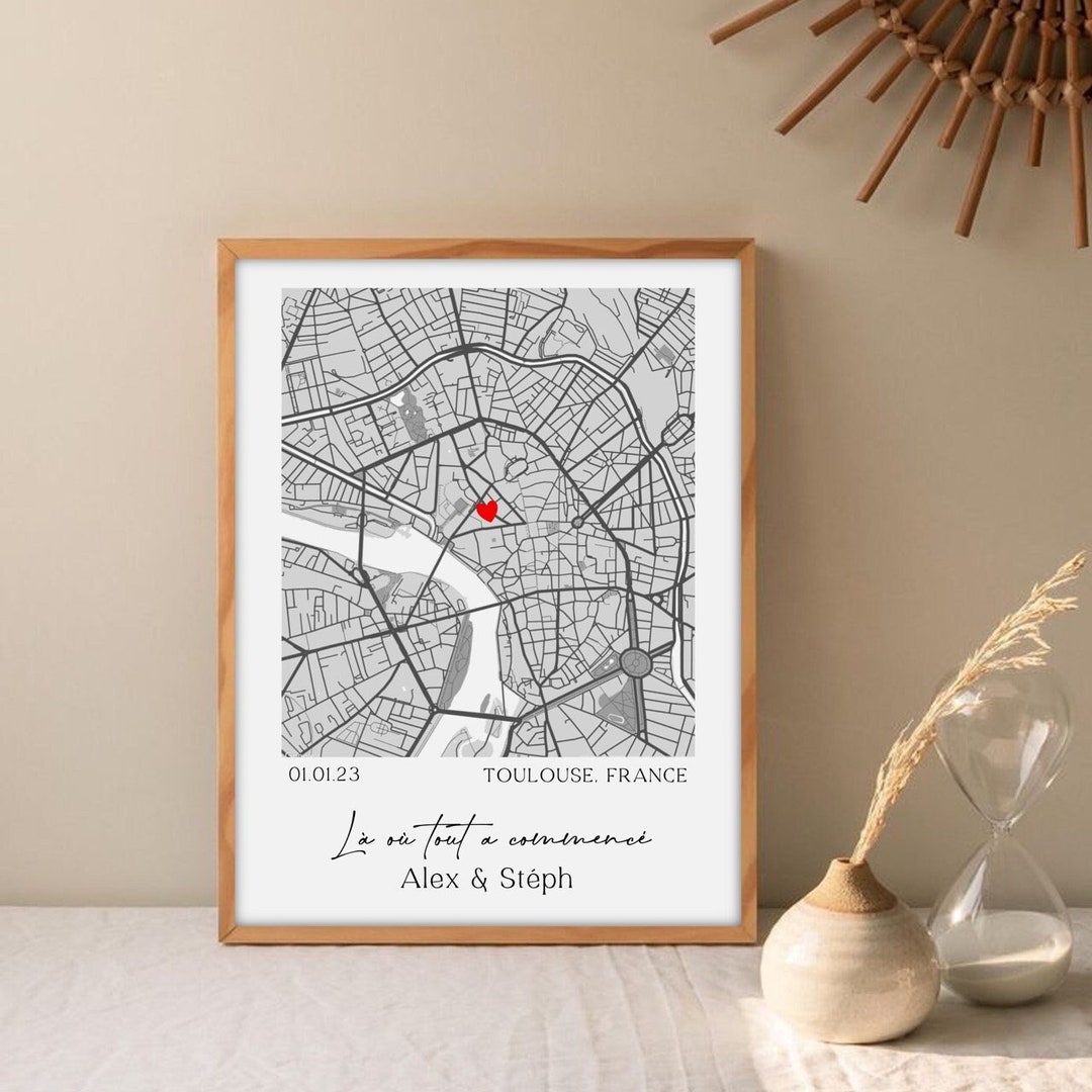 Poster Personnalisable Point De Rencontre Couple - Cadeau Pour Couples Hommes Femmes - Poster Carte Ville Où Tout A Commencé - Anniversaire Saint Valentin Mariage - Cadre Personnalisé (Cœur Et Photo