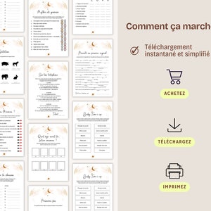 May include: A collection of printable baby shower games with a celestial theme. The pages feature various game templates with gold accents and text in French. Instructions are provided for instant download, purchase, and printing.
