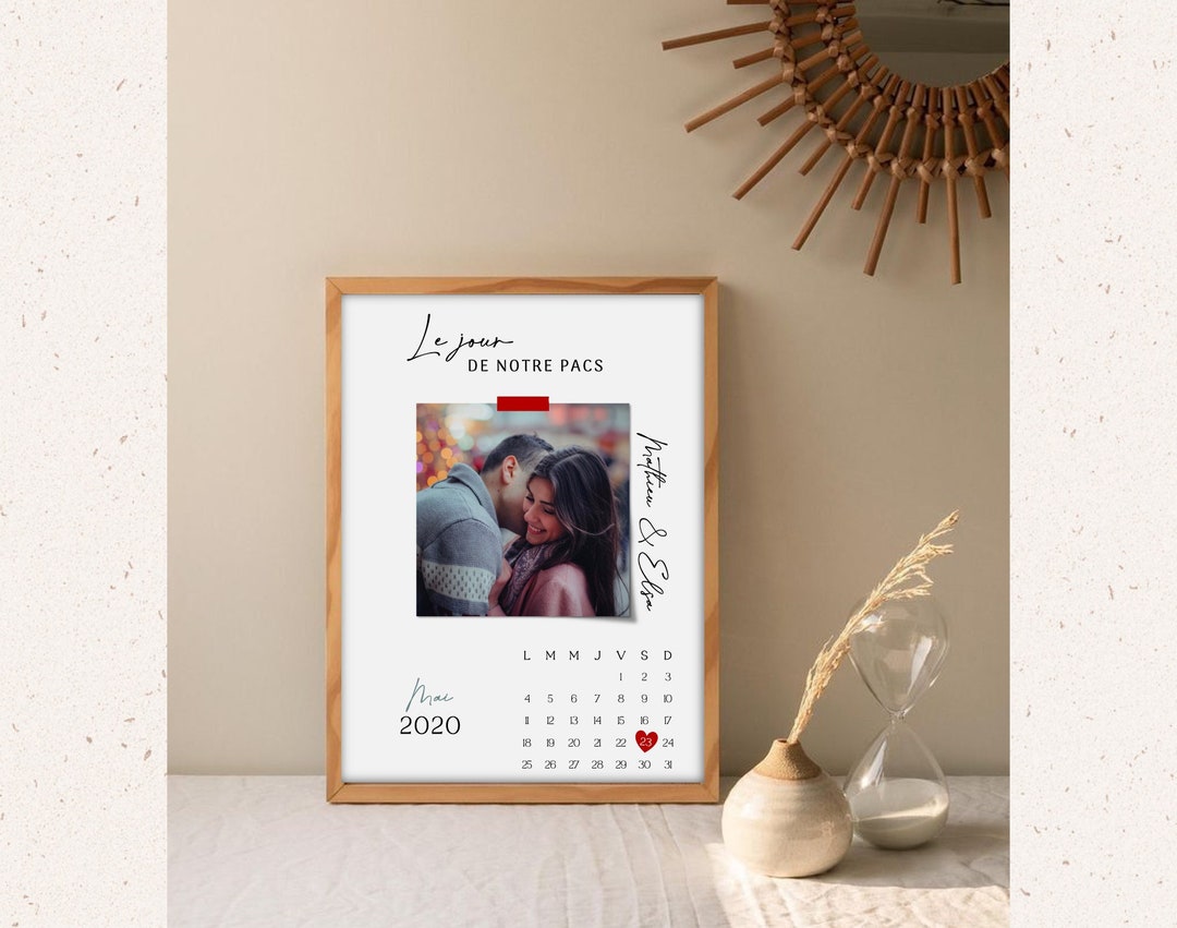 Cadeau de pacs. Affiche couple personnalisée avec photo, prénoms et