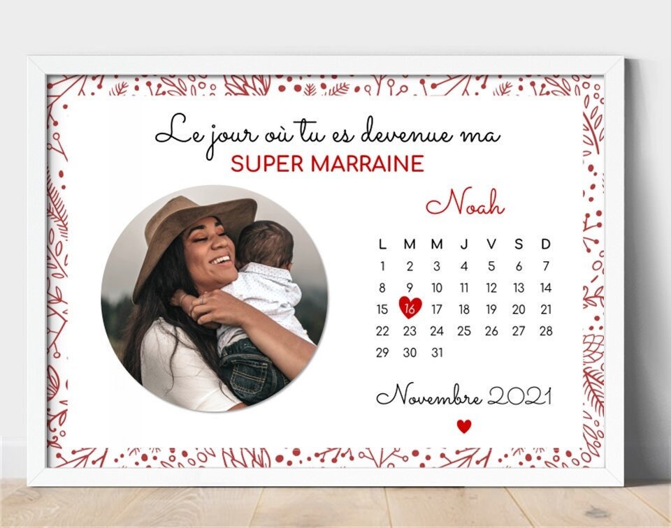 Affiche Cadeau Marraine. Poster Marraine Personnalisé avec Photo et Date de Naissance. Cadeau Parrai