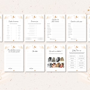 May include: A set of printable baby shower game cards with a celestial theme. The cards feature gold accents, illustrations, and text in French. Games include animal gestation, couples, advice for parents, and baby time's up.