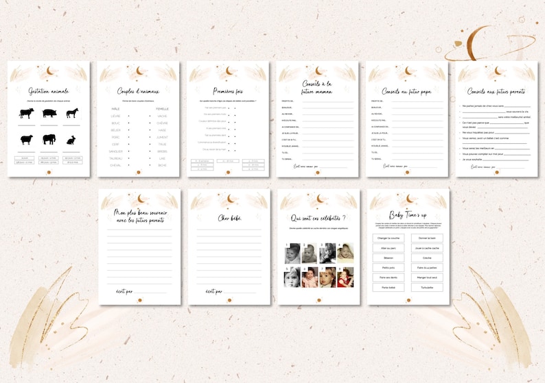 May include: A set of printable baby shower game cards with a celestial theme. The cards feature gold accents, illustrations, and text in French. Games include animal gestation, couples, advice for parents, and baby time's up.