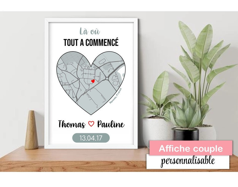 Affiche couple personnalisée. Carte lieu de rencontre dans un | Etsy